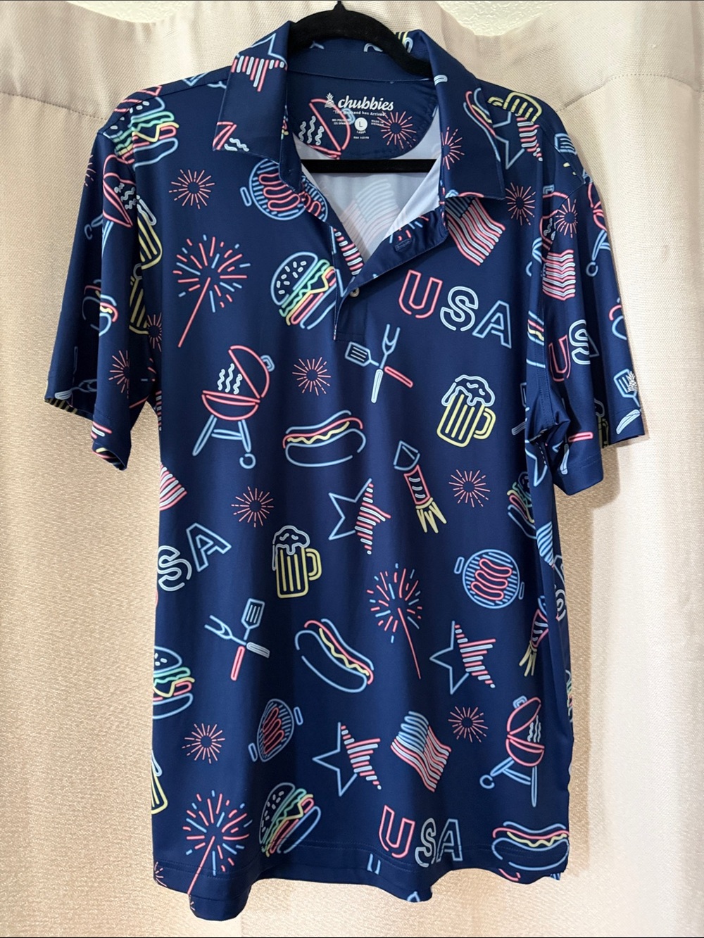 chubbies Navy Patriotic Graphic Polo with Neon Icons USA NWOT